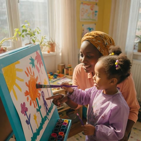 A parent encouraging a young child painting at a colorful easel in a sunlit room
