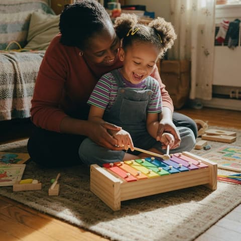 A parent and a delighted young child playing with a small wooden musical instrument together at home