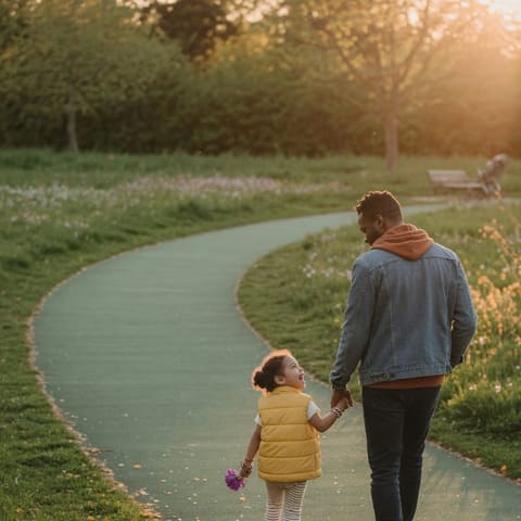 A father and his young child walking and holding hands on a green park path at golden hour