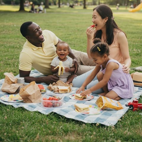 A happy family enjoying a picnic on a blanket together in a green park on a sunny day