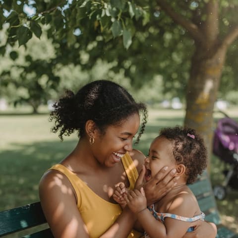 A mother and her young child sharing a happy moment together on a park bench in dappled sunlight