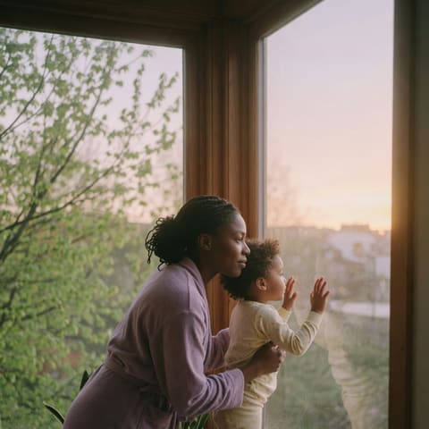 A mother and her young child looking out a window together on a calm