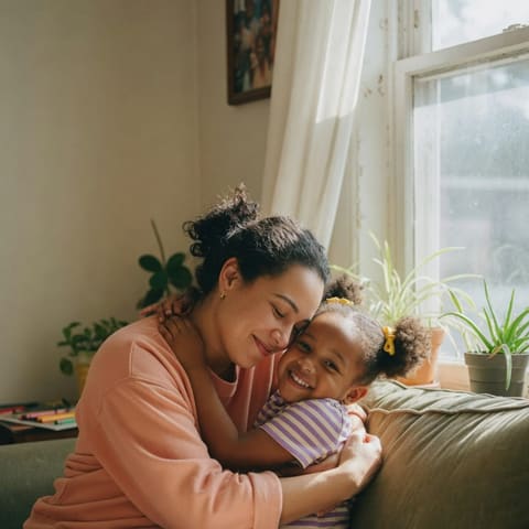 A mother warmly hugging her smiling young child on a couch beside a bright window