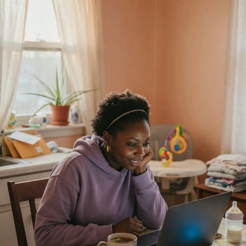 A hopeful mother researching on a laptop at a kitchen table in soft morning light