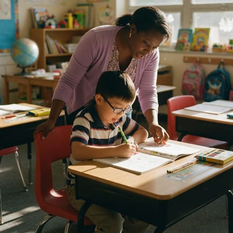 A kind teacher patiently helping a young child at a small desk in a sunlit classroom