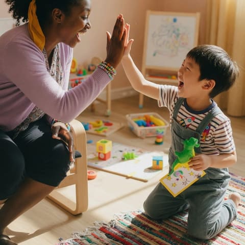 A friendly therapist giving an excited young child a high-five during a playful learning session