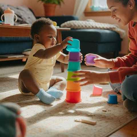 A toddler and a caregiver stacking bright nesting cups together on a living room floor